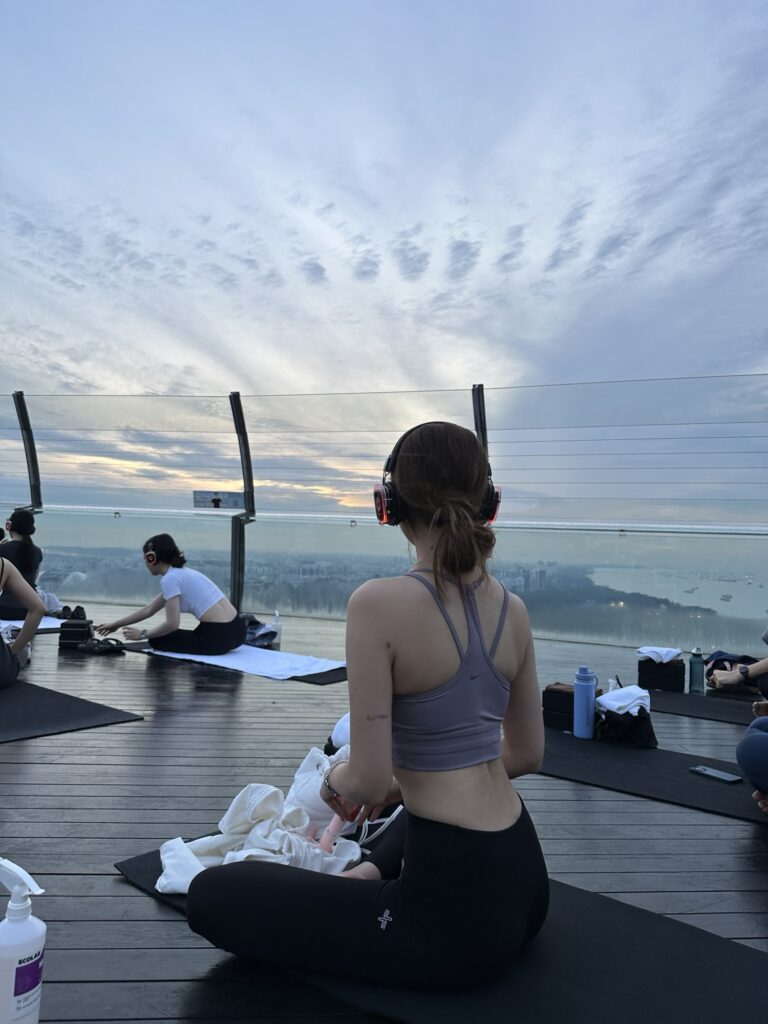 Wireless headphones provided for SkyPark Yoga session