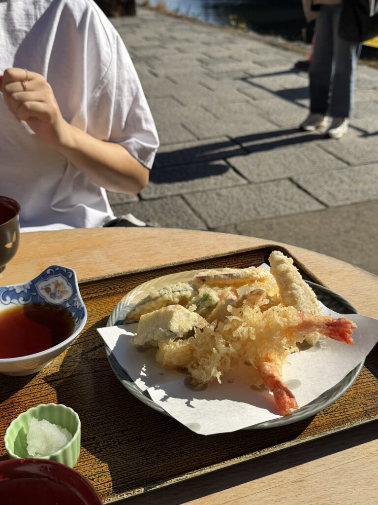 Crispy Japanese shrimp and vegetable tempura served as a side dish in Kyoto.