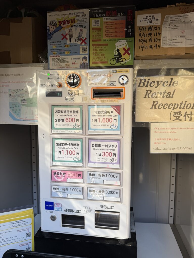 Arashiyama bicycle rental price ticket machine at Randen Station