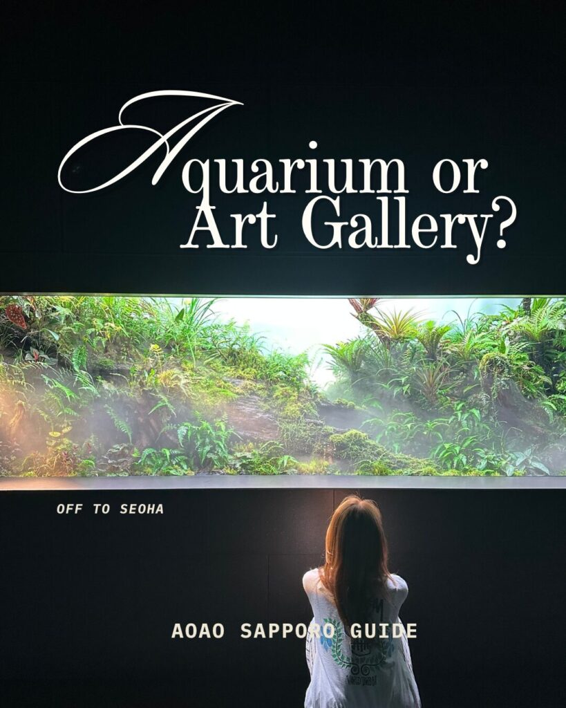 A woman crouching and looking at a large, illuminated nature aquarium with lush green plants and mist inside a dark room at AOAO SAPPORO.