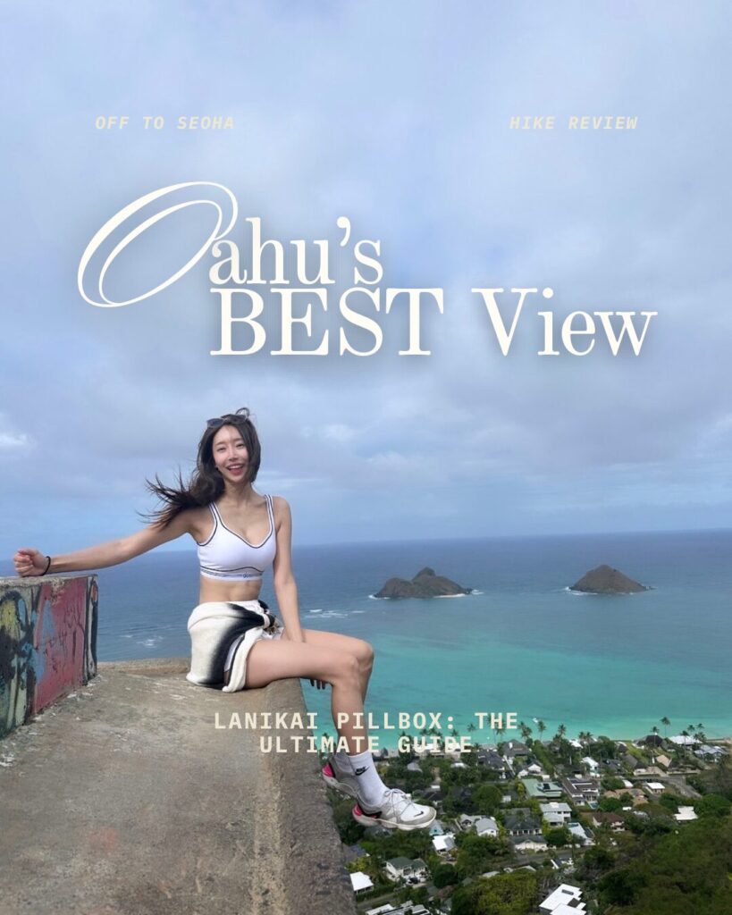 Seoha sitting on the first bunker of Lanikai Pillbox hike with a stunning view of Mokulua Islands