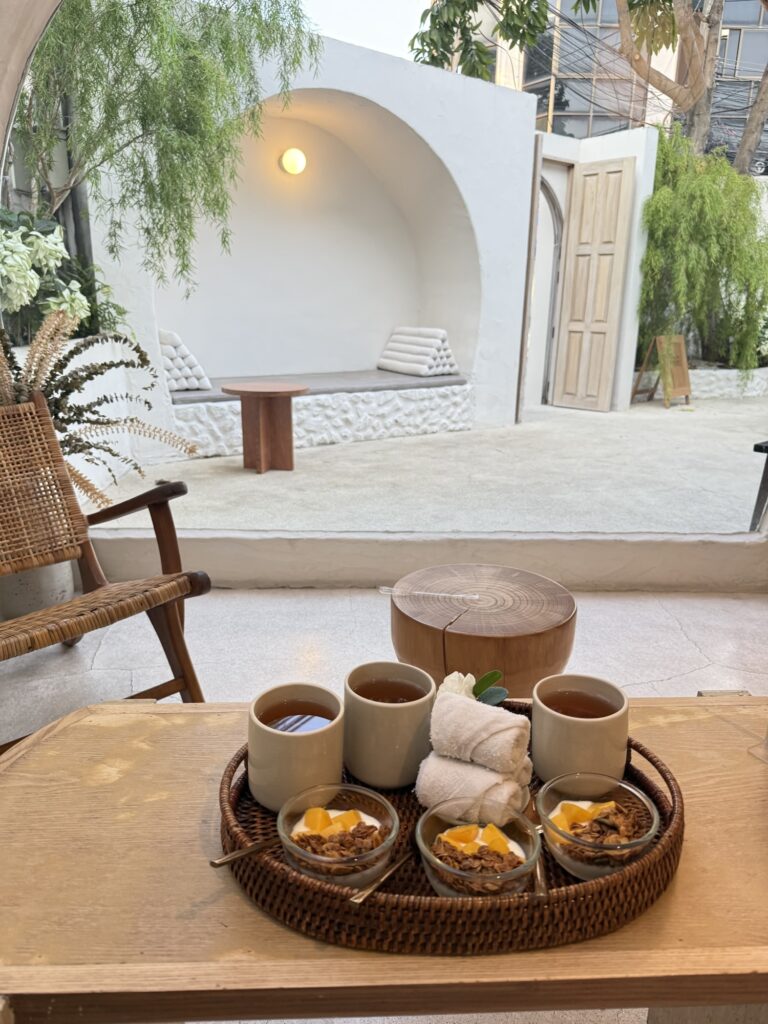 Post-massage mango sticky rice and tea served at Cheeva Spa